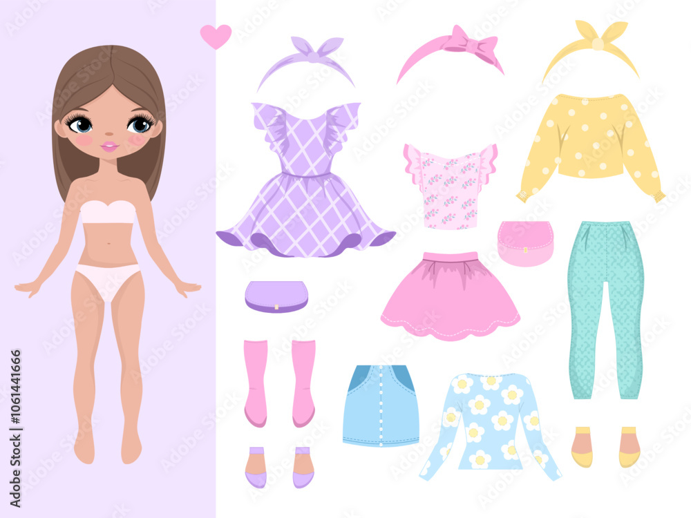Paper doll clothes. Baby doll with dress. Cute girl clothes. Vector illustration isolated on white background. Clothes set, collection. Dress up, cutouts, game, play, toy for children. Paper doll clothes. Baby doll with dress. Cute girl clothes. Vector illustration isolated on white background. Clothes set, collection. Dress up, cutouts, game, play, toy for children.