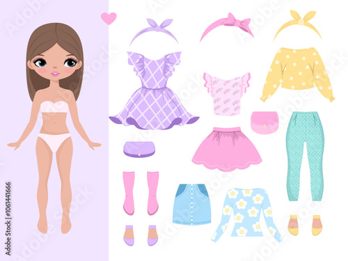 Paper doll clothes. Baby doll with dress. Cute girl clothes. Vector illustration isolated on white background. Clothes set, collection. Dress up, cutouts, game, play, toy for children.
