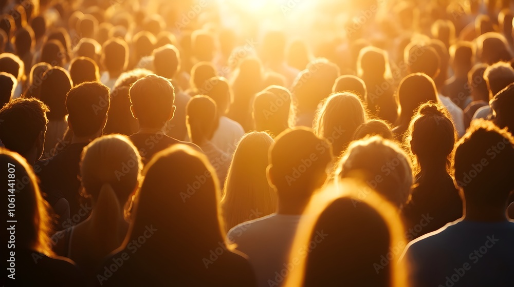 Obraz premium Close-knit Crowd of Silhouettes Facing Each Other with Light Burst in Background