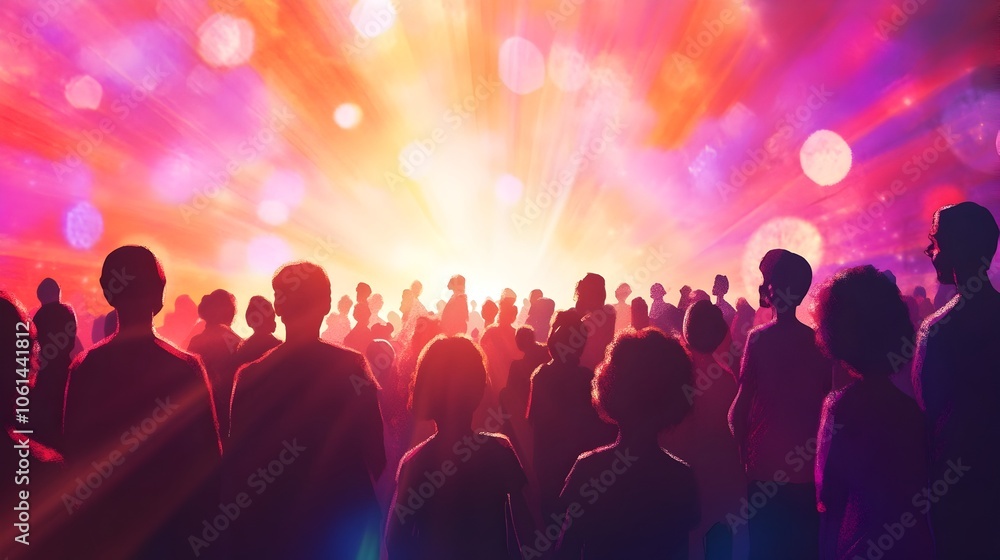 Vibrant Crowd of Silhouettes Facing Each Other with Colorful Light Burst Vibrant Crowd of Silhouettes Facing Each Other with Colorful Light Burst