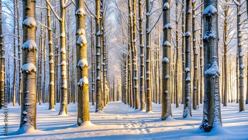 Bare tree trunks stand strong against the cold winter weather with a layer of fresh snow on their limbs, whiteout, snow-covered trees, winter landscape