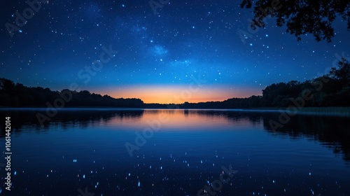 Starry sky over a lake with a boat in the water