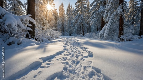 A close-up of footprints in freshly fallen snow, showcasing the intricate details of the snow patterns and the contrast between the white snow and the dark footprints. photo