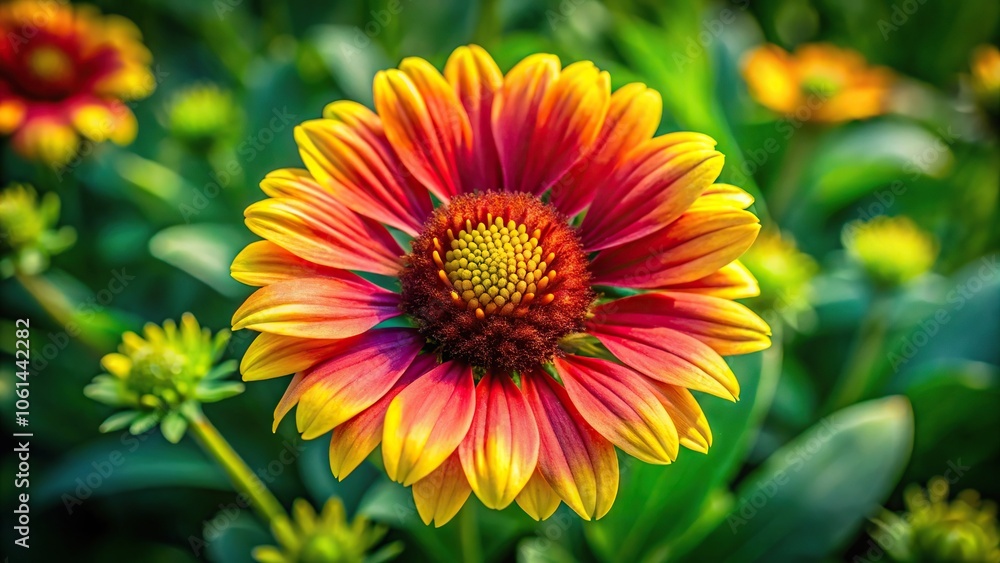 Close-up of a colorful flower blooming in a sunny garden, with vibrant petals and a bright yellow center, surrounded by lush green leaves, beautiful blooms, nature photography Close-up of a colorful flower blooming in a sunny garden, with vibrant petals and a bright yellow center, surrounded by lush green leaves, beautiful blooms, nature photography