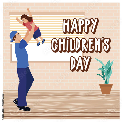 A father plays with his daughter inside the house. Father accompanies children to play during holidays. Children's Day concept. Flat vector illustration.