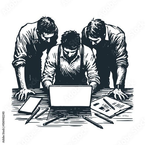 Engineers discussing in front of laptops. Black white vector illustration.