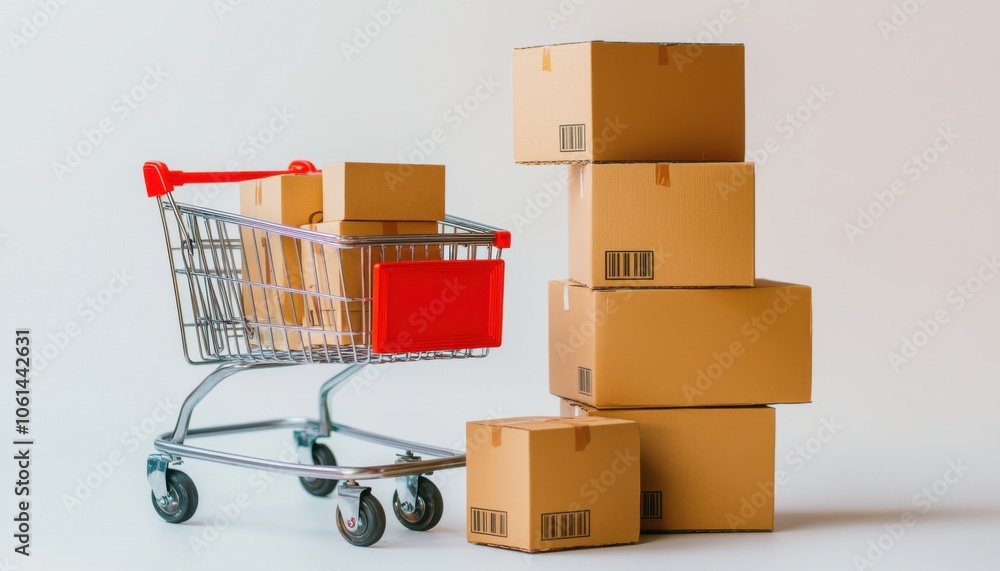 A shopping cart next to stacked cardboard boxes, representing online shopping and delivery services. A shopping cart next to stacked cardboard boxes, representing online shopping and delivery services.