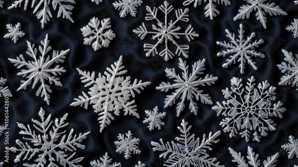 A detailed view of delicate snowflakes captured on a surface, showcasing their unique shapes and intricate patterns in a winter setting. A detailed view of delicate snowflakes captured on a surface, showcasing their unique shapes and intricate patterns in a winter setting.