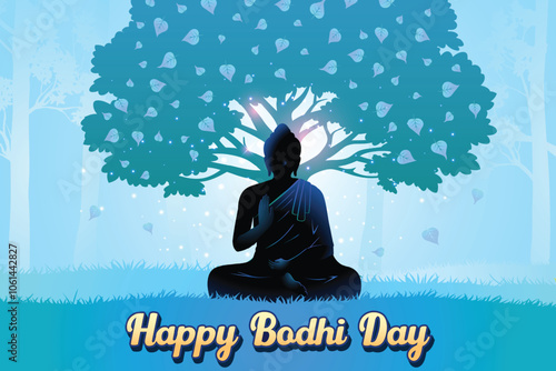 Buddha's Silhouette Meditating Near Peepal Tree Blue Background. Concept Design Vector Illustration For Bodhi Day, Buddha Purnima, Vesak, Rohatsu, Makha Bucha Etc.