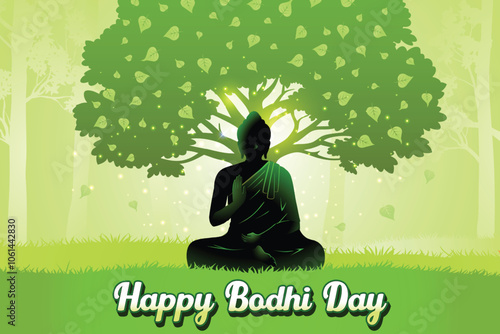 Buddha's Silhouette Meditating Near Peepal Tree Green Background. Concept Design Vector Illustration For Bodhi Day, Buddha Purnima, Vesak, Rohatsu, Makha Bucha Etc.