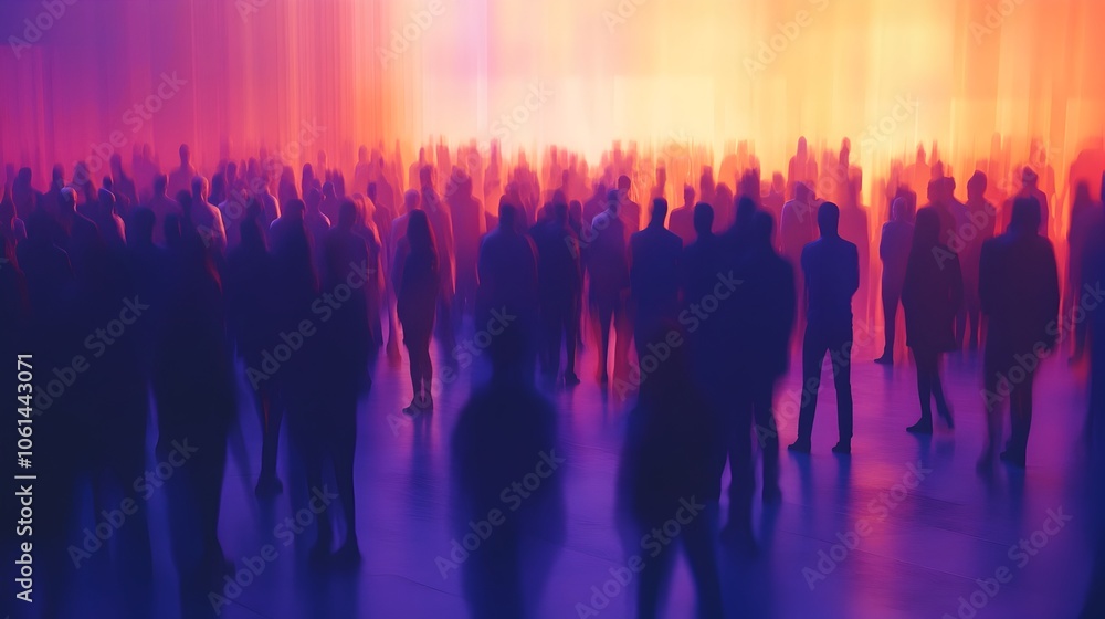 Silhouetted Crowd in Motion with Glowing Abstract Background Silhouetted Crowd in Motion with Glowing Abstract Background