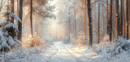 Snowy forest path illuminated by soft winter light, serene and tranquil atmosphere. photo