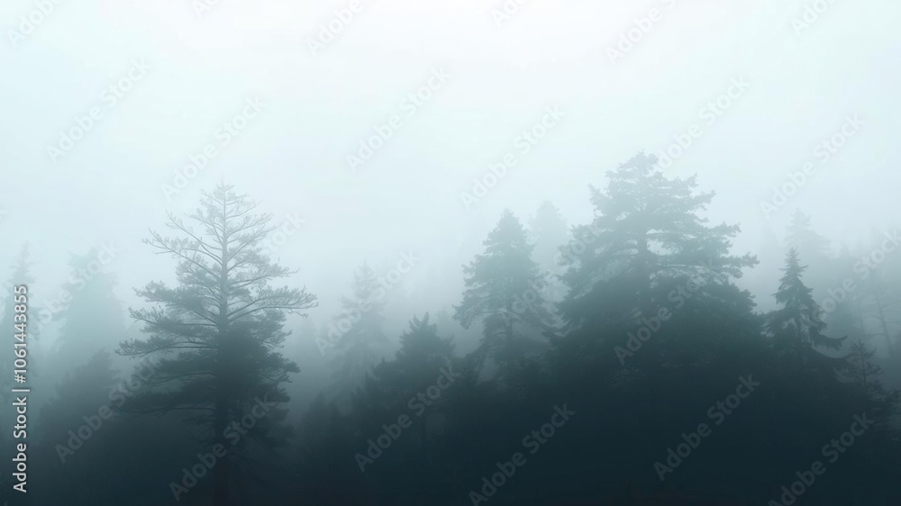 Fototapeta premium A mesmerizing foggy forest wallpaper with soft shades of grey and hints of greenery, perfect for creating a calming and mysterious atmosphere in any room, ambiance, mist