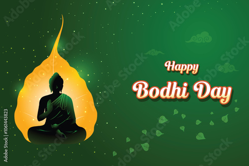 Abstract Buddha's Silhouette On Leaf With Lights Illuminating On Green Background. Concept Design Vector Illustration For Bodhi Day, Buddha Purnima, Vesak, Rohatsu, Makha Bucha Etc.