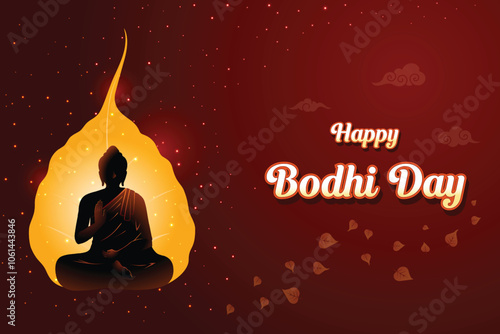 Abstract Buddha's Silhouette On Leaf With Lights Illuminating On Red Background. Concept Design Vector Illustration For Bodhi Day, Buddha Purnima, Vesak, Rohatsu, Makha Bucha Etc.