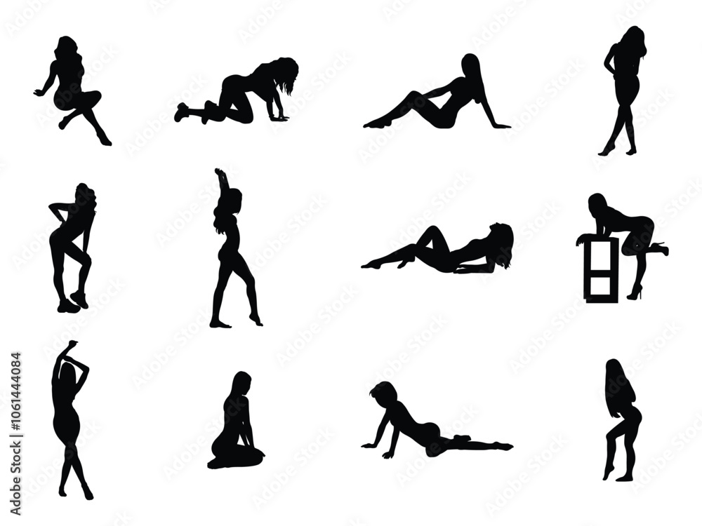 Obraz premium Set of Sexy and Sensual Woman Posing Silhouette in various poses isolated on white background