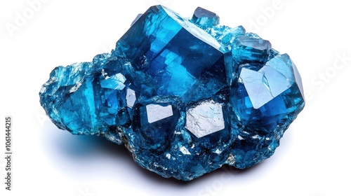 Vibrant blue crystal cluster on white background: a captivating mineral specimen photo