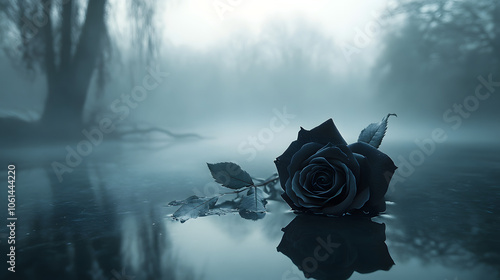 A haunting image of a black rose surrounded by a foggy backdrop. photo