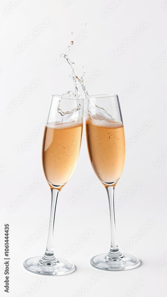 Champagne glasses clinking with splashes on white background, champagne, celebration