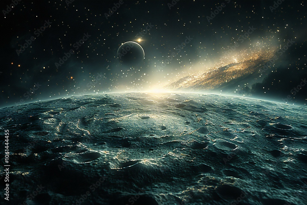 Fototapeta premium Distant planet with stars and galaxies in space.