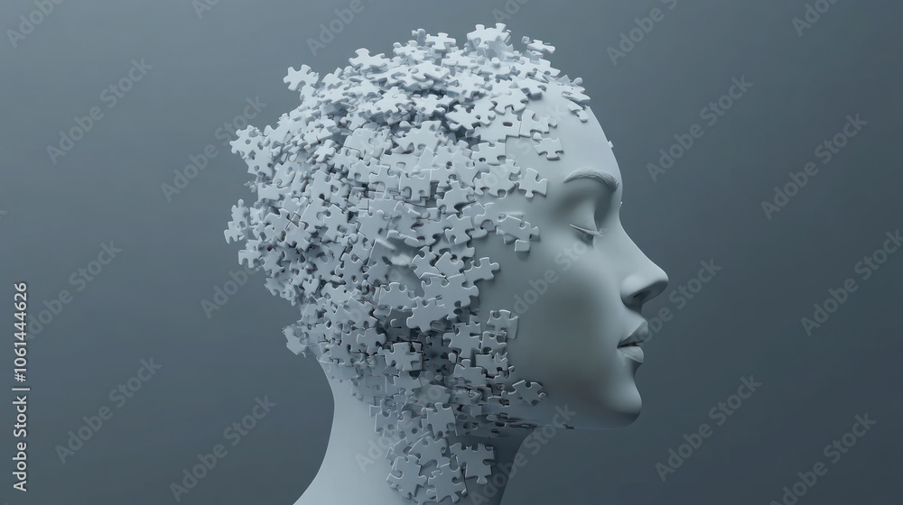 Puzzle Head: A 3D representation of a human head composed of puzzle pieces. Puzzle Head: A 3D representation of a human head composed of puzzle pieces.