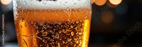 Close-up shot of a frosty pint glass showing a crystal-clear and bubbly beer texture, texture, frosty, cold