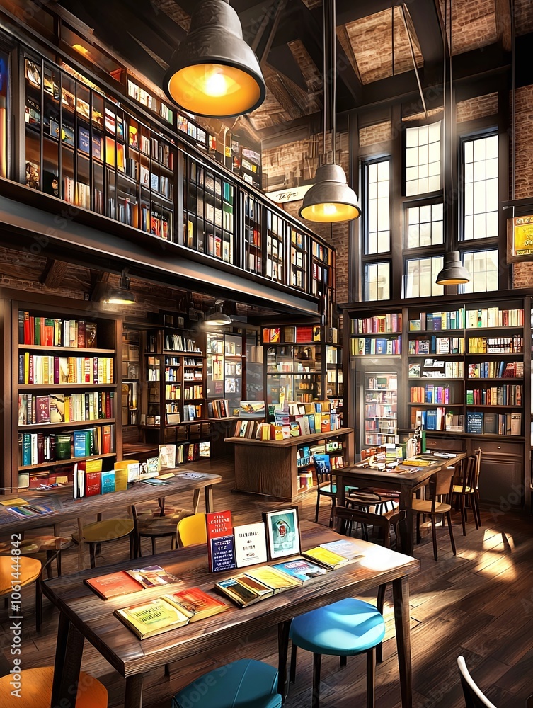 Bookshop Interior With Wooden Tables And Chairs. Bookshop Interior With Wooden Tables And Chairs.