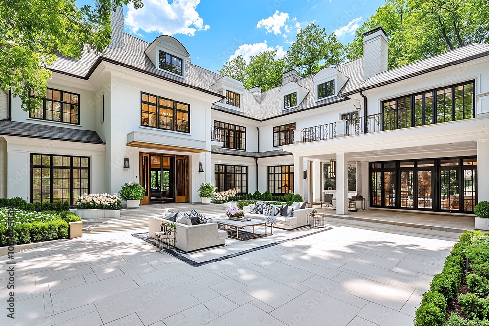 Naklejka premium Modern Patio with White Stone Tiles and Luxurious Home.