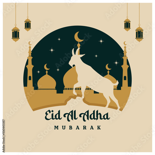 Happy Eid al-Adha greeting card with the silhouette of a sacrificial lamb. Mosque with crescent moon and lantern. Eid Al Adha concept. Flat vector illustration.