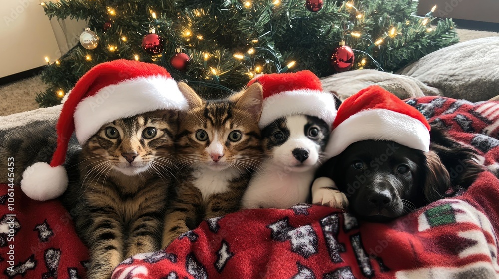 Adorable cat and puppies in Santa hats, sitting together on a holiday-themed blanket with twinkling Christmas lights Adorable cat and puppies in Santa hats, sitting together on a holiday-themed blanket with twinkling Christmas lights