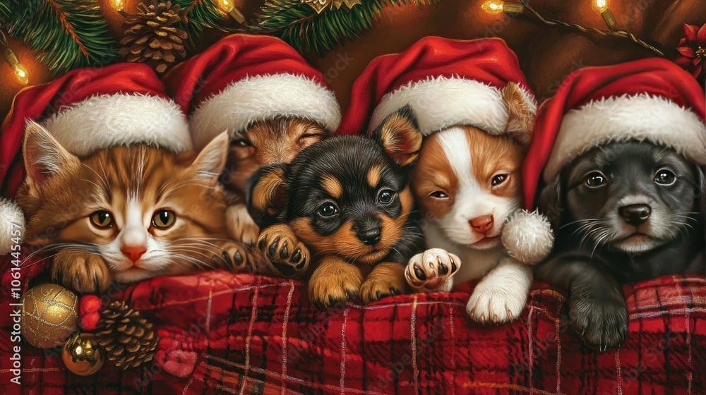Adorable cat and puppies in Santa hats, resting on a soft plaid blanket with holiday decor and a warm glow Adorable cat and puppies in Santa hats, resting on a soft plaid blanket with holiday decor and a warm glow