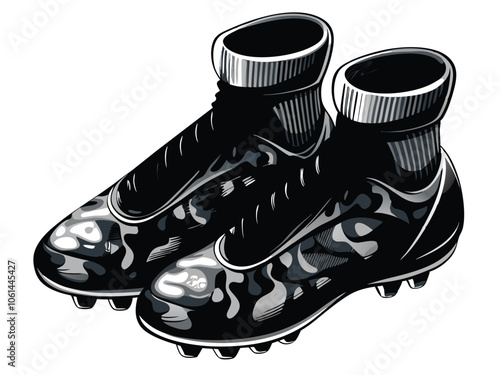 Create a 3D vector illustration of a pair of ankle-high soccer cleats, showcasing their intricate design and bold colors. Emphasize the dynamic angles and textures of the shoe.