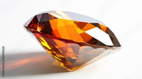 Glowing amber gemstone: faceted jewel reflecting light on a white surface photo