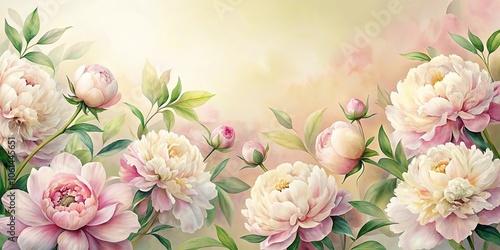 Fototapeta Naklejka Na Ścianę i Meble -  Delicate watercolor peonies in soft pink and white hues against a subtle yellow background, flowers, peonies, delicate