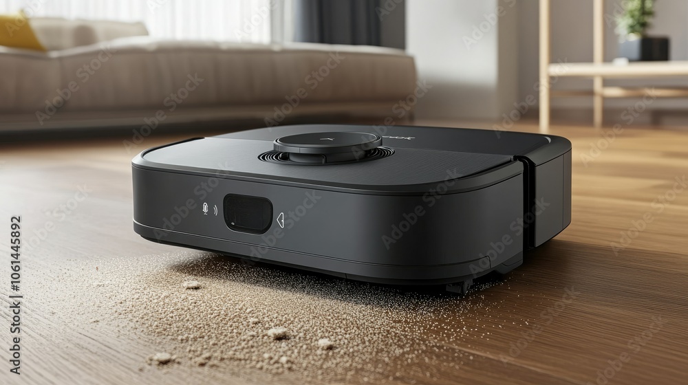Fototapeta premium Automated vacuum cleaner picking up dust from hardwood, highlighting efficient and effortless cleaning in a smart, tech-enabled home