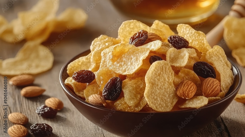 Fototapeta premium A bowl of honey cornflakes with almonds, raisins, and cashews, set on a rustic table with honey drizzle and golden hues for a delicious morning treat