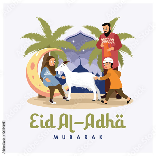Father and his children celebrate Eid al-Adha by sacrificing a lamb. Girl sitting on a crescent moon. Eid Al Adha concept. Flat vector illustration.