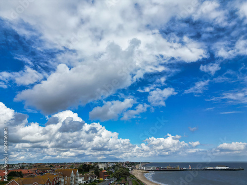 High Angle View of Most Beautiful and Attractive British Tourist Attraction Downtown Central Clacton on Sea City of England United Kingdom. Aerial Footage Was Captured on May 21st, 2024 photo