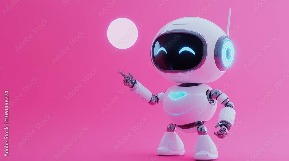Cute robot pointing to a white circle Cute robot pointing to a white circle