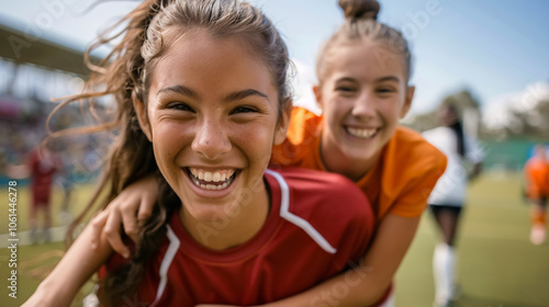 Soccer game celebration with a girl on a field, happily piggybacking and showcasing team support and solidarity after a winning game. Female kids representing sports diversity