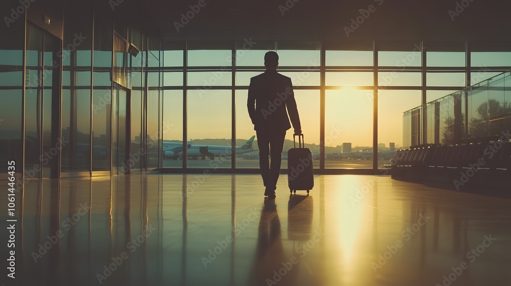 Fototapeta premium Businessman walking through an airport with a suitcase