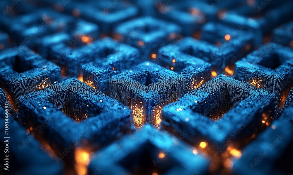 A close-up view of textured blue squares with glowing elements, showcasing a digital design concept. A close-up view of textured blue squares with glowing elements, showcasing a digital design concept.