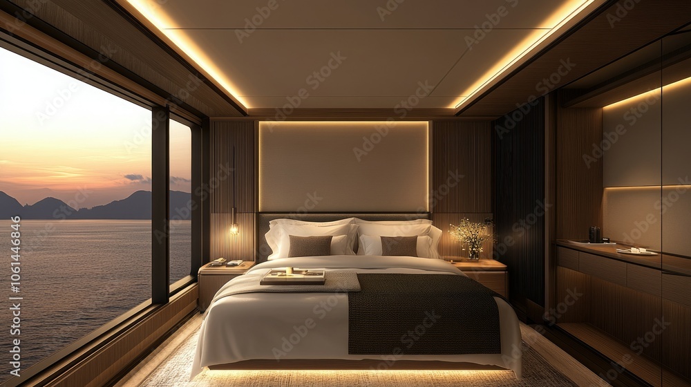 Fototapeta premium Beautifully decorated hotel bedroom with plush pillows, soft lighting, and a modern aesthetic, creating a warm and welcoming environment