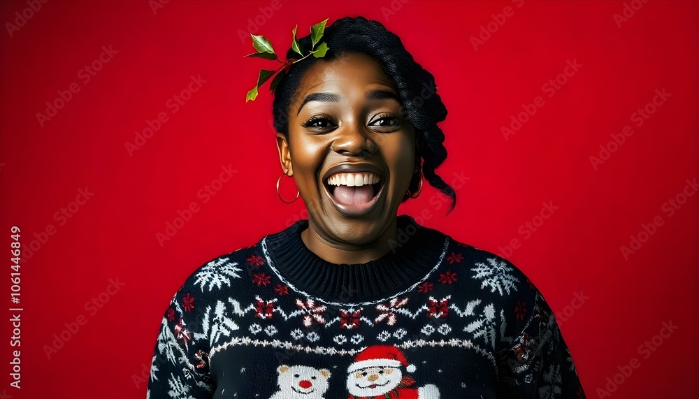Smiling Black African American woman wearing a Christmas jumper sweater isolated on a red background with copy space Smiling Black African American woman wearing a Christmas jumper sweater isolated on a red background with copy space