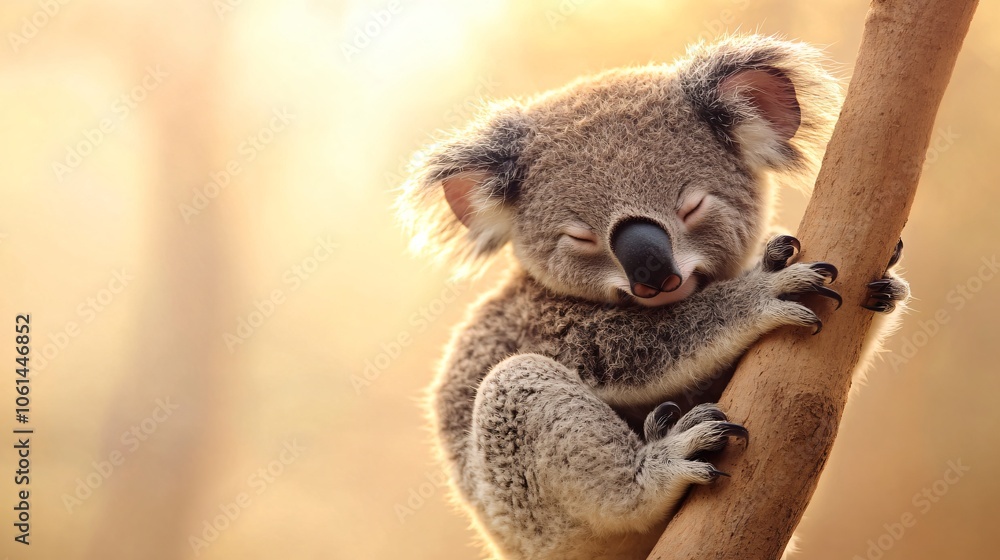 Adorable Koala Bear Hugging a Tree Trunk in a Soft Golden Light Adorable Koala Bear Hugging a Tree Trunk in a Soft Golden Light