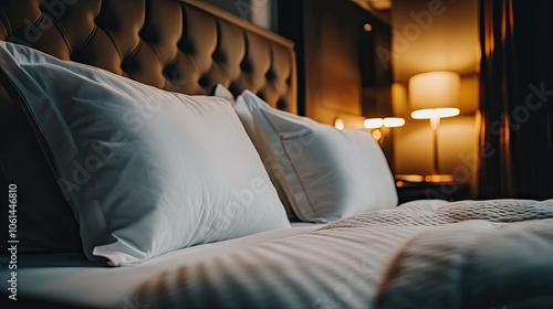 Beautifully decorated hotel bedroom with plush pillows, soft lighting, and a modern aesthetic, creating a warm and welcoming environment