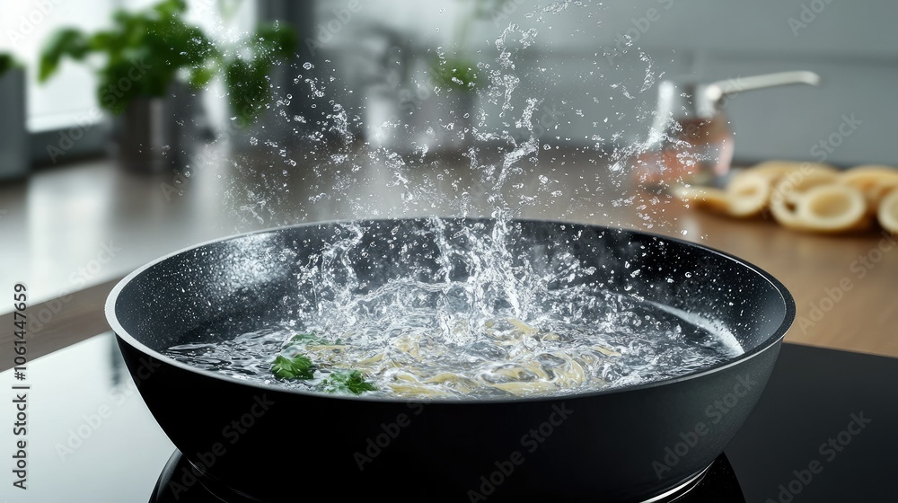 Black pan with spaghetti boiling, steam rising, and bubbling water, set on a stovetop for a warm, home-cooked meal vibe Black pan with spaghetti boiling, steam rising, and bubbling water, set on a stovetop for a warm, home-cooked meal vibe