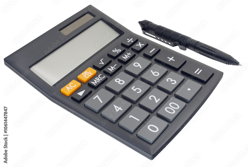 Close up of a black calculator and pen Close up of a black calculator and pen