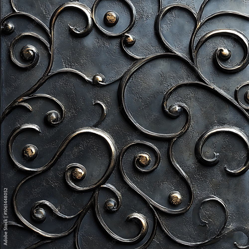 Intricate metal design with swirling patterns and golden accents on black background, showcasing elegance and artistry Intricate metal design with swirling patterns and golden accents on black background, showcasing elegance and artistry