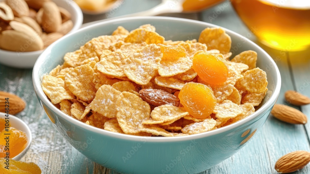 Bowl of honey cornflakes with almonds, walnuts, and dried apricots, served with honey and a light sprinkle of powdered sugar Bowl of honey cornflakes with almonds, walnuts, and dried apricots, served with honey and a light sprinkle of powdered sugar